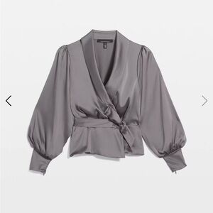 White House Black Market Silver-Gray Satin Wrap Blouse